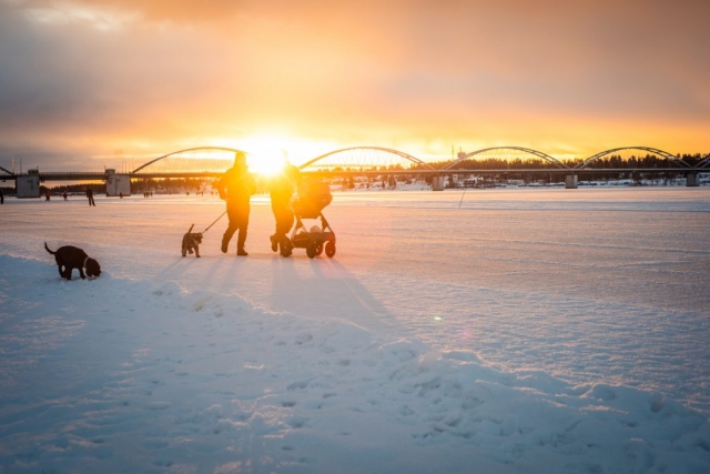 Promenad på isvägen i Luleå. Härligt ljus! Bergnäsbron i bakgrunden.